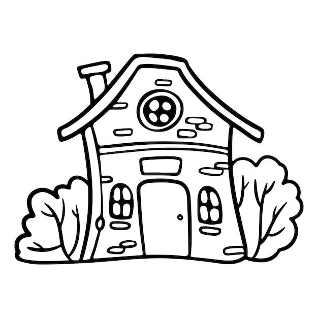 Cute house with bushes outline doodle cartoon style for coloring book Premium Vector