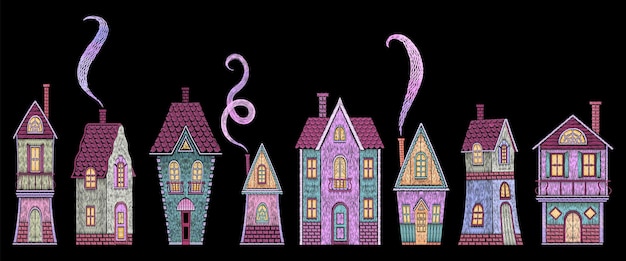 Cute houses embroidery Fairy tale home european vintage buildings in victorian style Fashion silk stitch tiny house patches nowaday design vector elements