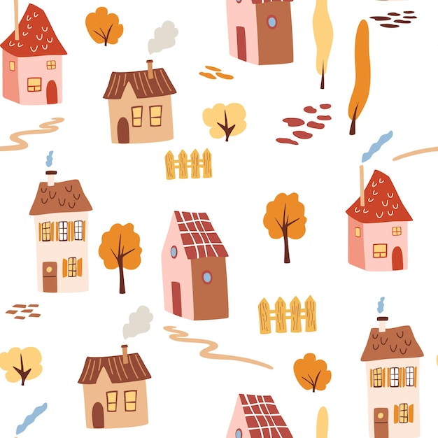 Cute houses seamless pattern Urban background Creative kids city for fabric textile wallpaper wrapping paper design Vector hand draw illustration