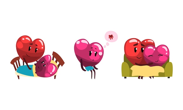 Vector cute humanized heart character embracing sitting on sofa and thinking of its best half vector set