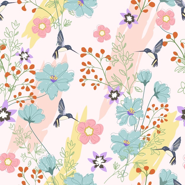 Cute humming bird in wild flower seamless pattern