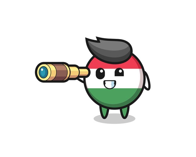 Cute hungary flag badge character is holding an old telescope