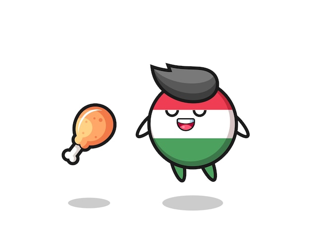 Cute hungary flag badge floating and tempted because of fried chicken