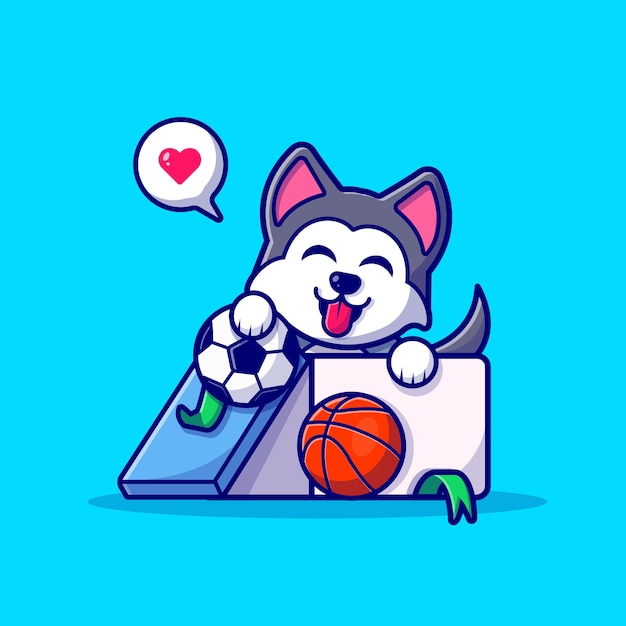 Cute Husky Dog In Box With Ball Cartoon Illustration