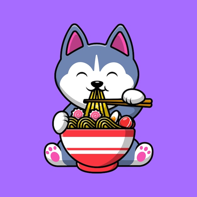 Cute Husky Dog Eating Ramen Noodle Cartoon Vector Icons Illustration