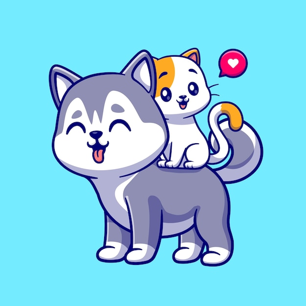 Cute Husky Dog Playing With Cat Cartoon Vector Icon Illustration. Animal Love Icon Concept Isolated