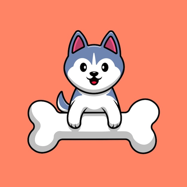 Cute Husky With Big Bone Cartoon Vector Icon Illustration