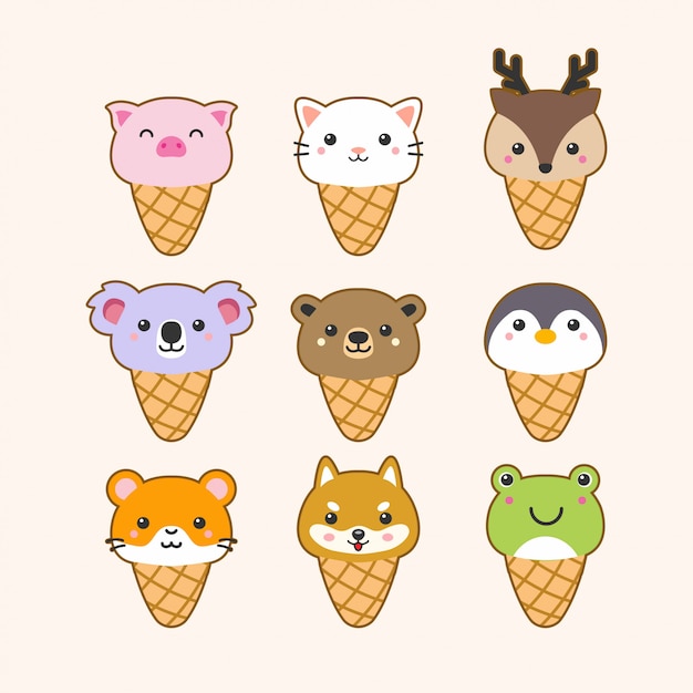 Cute ice cream animals set