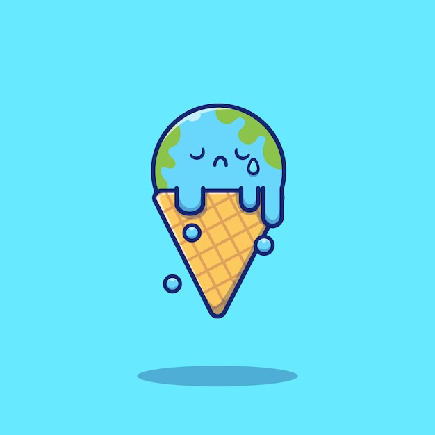 Cute Ice Cream Earth Melting Cartoon   Icon Illustration. Food And Nature Icon Concept Isolated  . Flat Cartoon Style