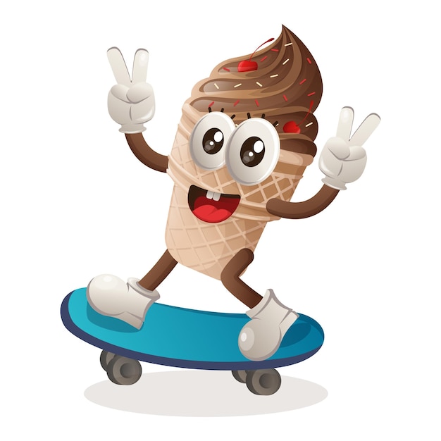 Cute ice cream mascot playing skateboard skateboarding