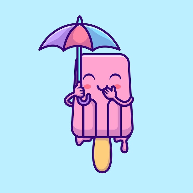 Vector cute ice cream popsicle holding umbrella cartoon vector icon illustration food holiday icon isolated