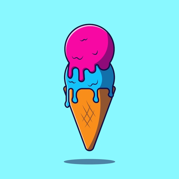 Cute ice cream with cone cartoon illustration Melted ice cream vector illustration icon