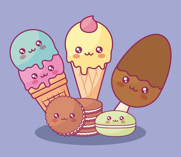 Cute ice creams and cookies kawaii characters