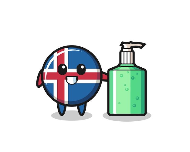 Cute iceland flag cartoon with hand sanitizer