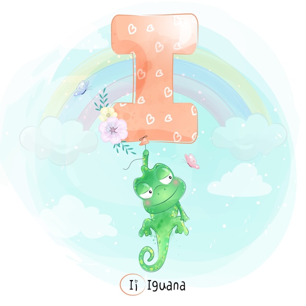 Cute Iguana flying with alphabet-I balloon