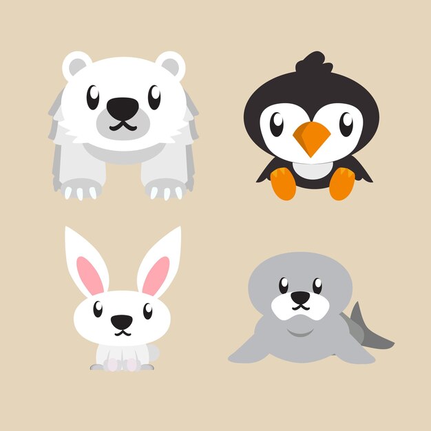 Vector cute illustration antarctic animals polar bears penguins white rabbits and seals