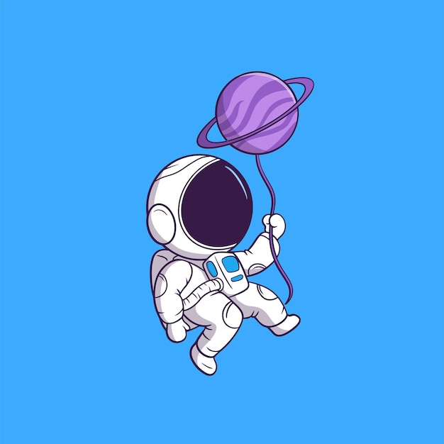 Cute illustration of astronaut character playing with planet balloon