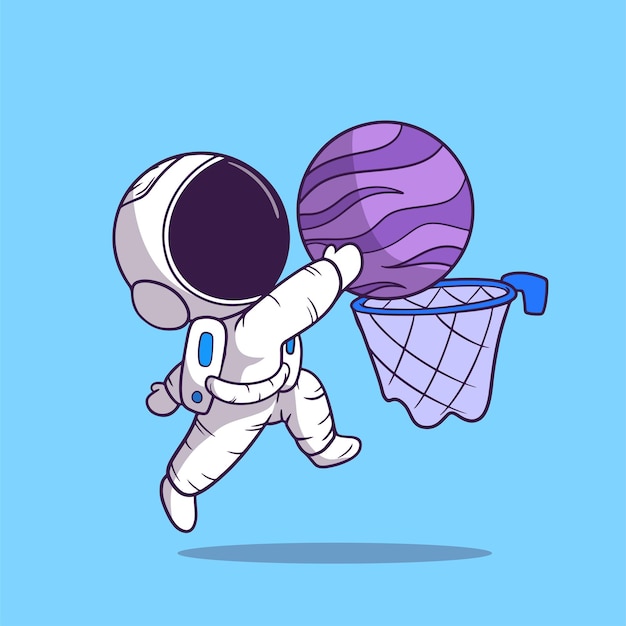 Cute illustration astronaut playing basketball with planet ball