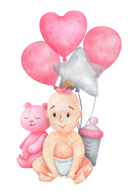 Cute illustration of a baby girl with pink balloons Newborn baby watercolor illustration cartoon print