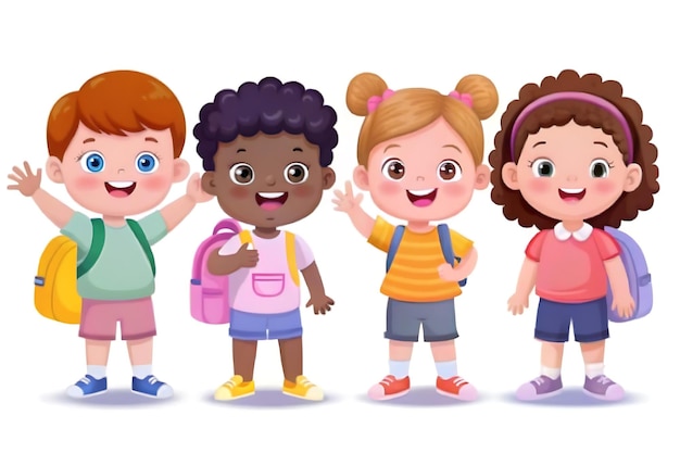 Cute Illustration of Diverse Children Standing and Waving for BacktoSchool Designs