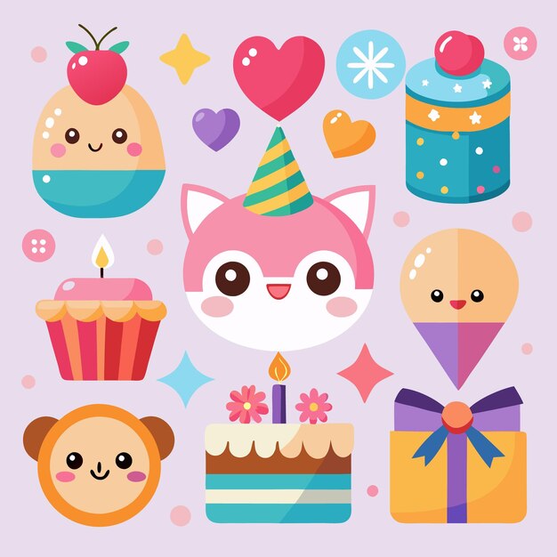 Vector a cute illustration featuring a variety of birthdaythemed elements including a cat wearing a party hat cakes a gift and hearts