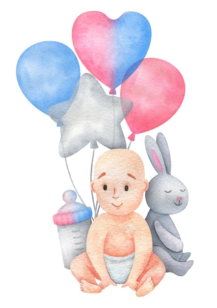 Cute illustration of a genderneutral baby with pink balloons a toy and a bottle Newborn baby watercolor illustration