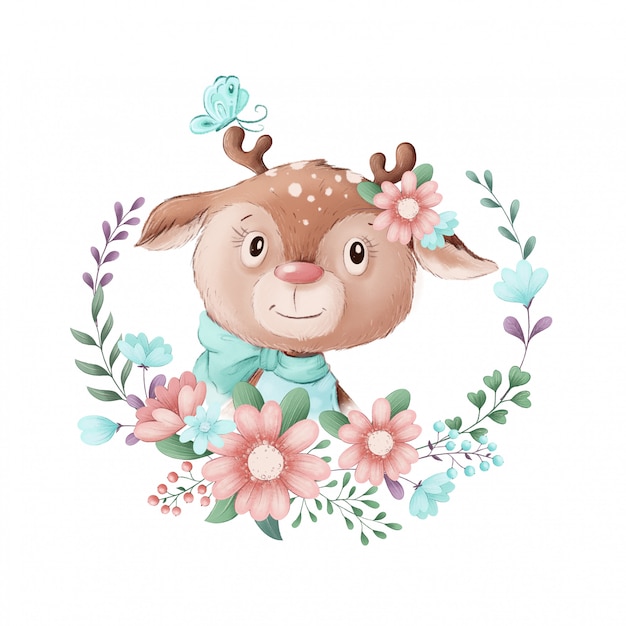 Cute illustration of a girl deer in a wreath of flowers