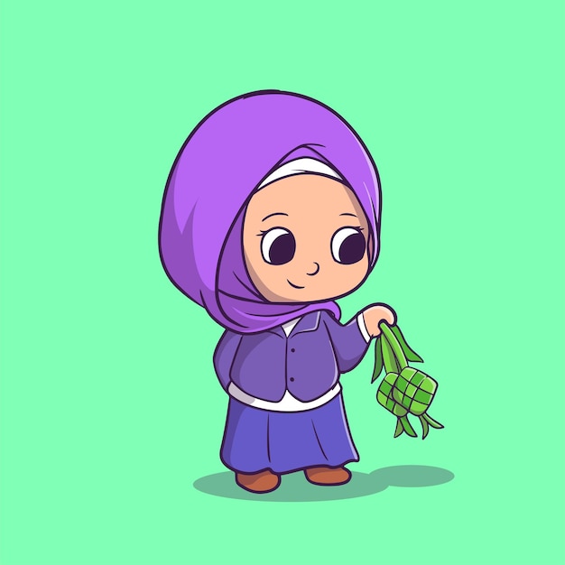 Cute illustration of Muslim girl carrying ketupat