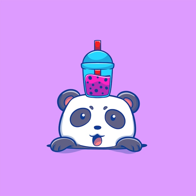 Cute illustration of a panda with a cup of boba drink on its head for the logo cartoon beverage