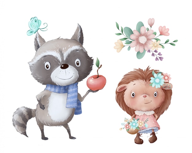 Cute illustration of raccoon and hedgehog