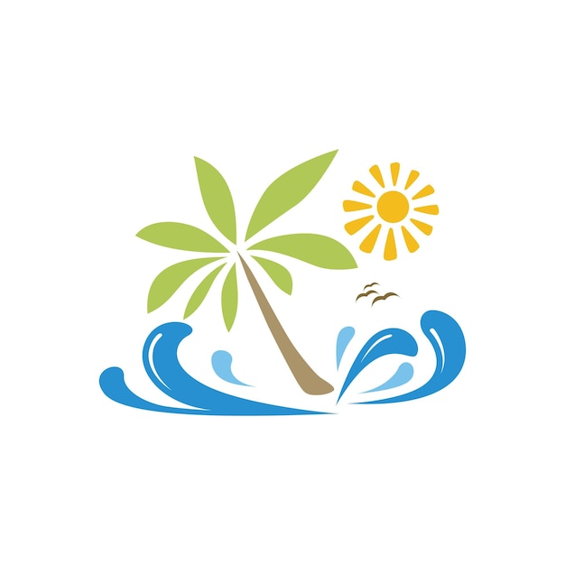 Cute Illustration Of Summer Vacation With Palm Trees, Ocean Waves And Sun Vector Desain