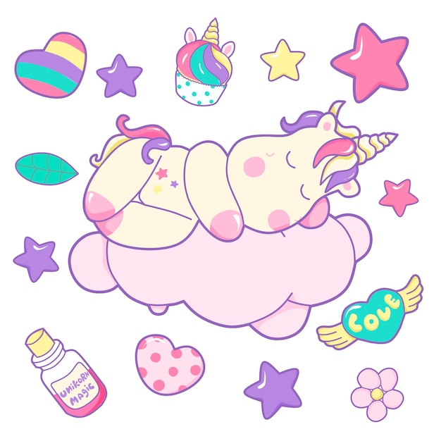 Cute illustration of unicorn with doodle elements