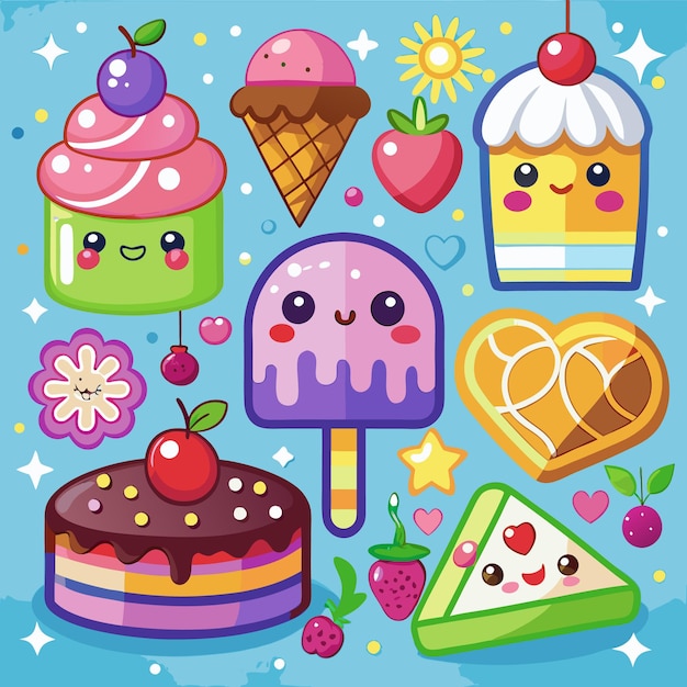 A cute illustration of various cartoon desserts including cakes ice cream and popsicles