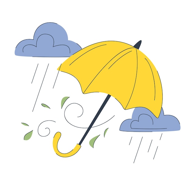 A cute illustration of a yellow umbrella on a background of clouds spring rain Spring concept