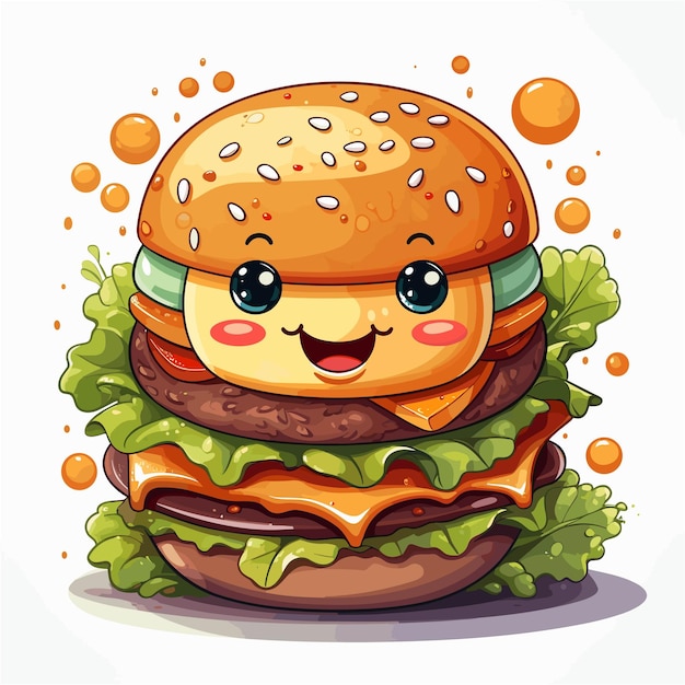 Vector cute illustrator of double patty burger smiling kawaii anime style