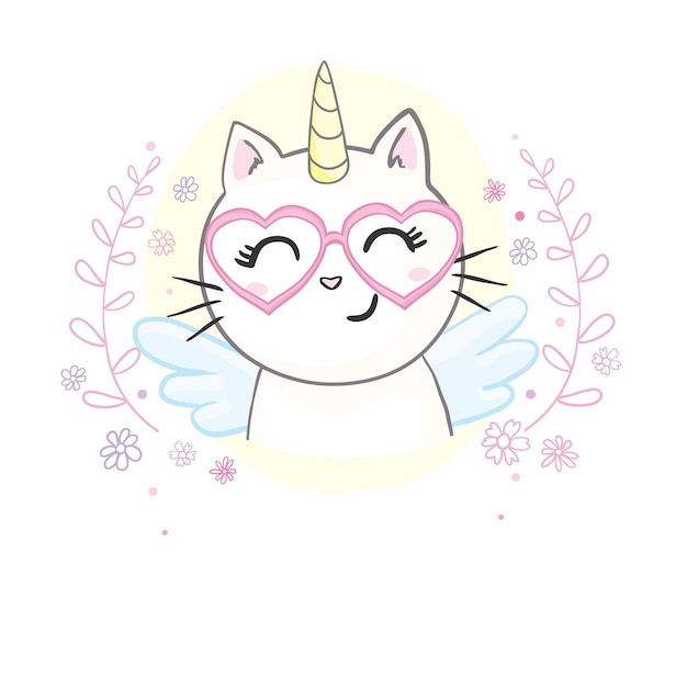 Cute image of a lying cat with a horn unicorn It can be used for sticker patch