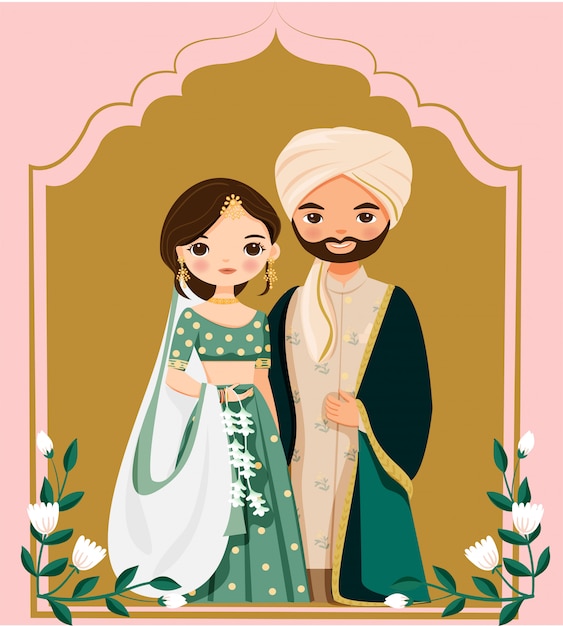 Cute Indian bride and groom in traditional dress cartoon