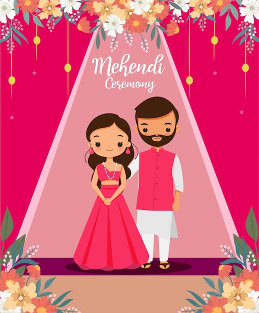 Cute Indian couple in pink traditional dress for Mehendi ceremony on their wedding day