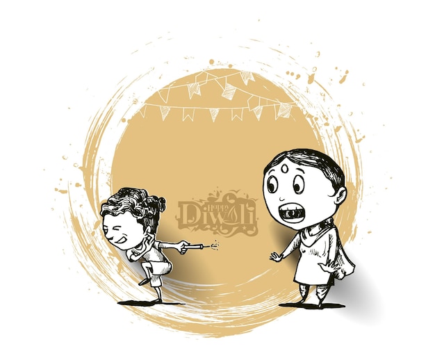 Cute indian kids enjoying firecracker celebrating Diwali, Hand Drawn Sketch Vector illustration.