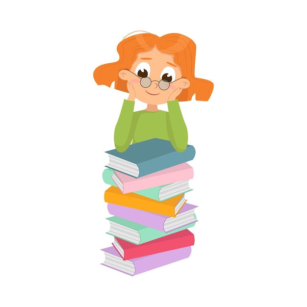 Cute Intelligent Girl in Glasses Sitting on Pile of Books Education and Knowledge Concept Cartoon Style Vector Illustration