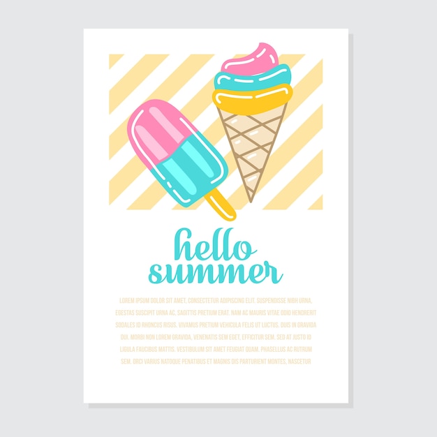 Cute invitation and greeting card template with bright hello summer writing