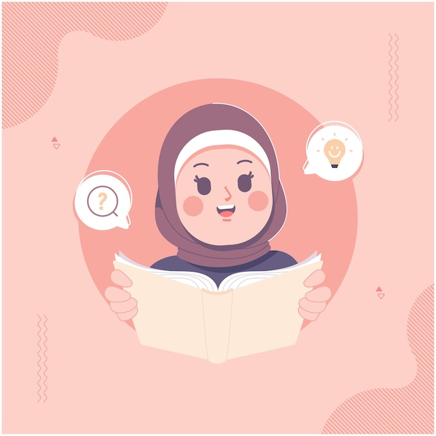 cute islamic hijab cartoon reading illustration