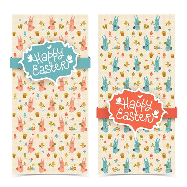 Cute isolated vertical doodle happy easter banners with bunnies chicks carrots flowers and eggs vector illustration