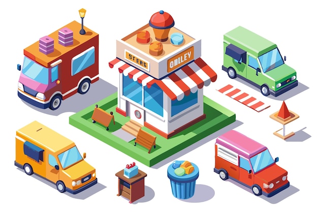 A cute isometric illustration of a street food vendor with various food trucks and details