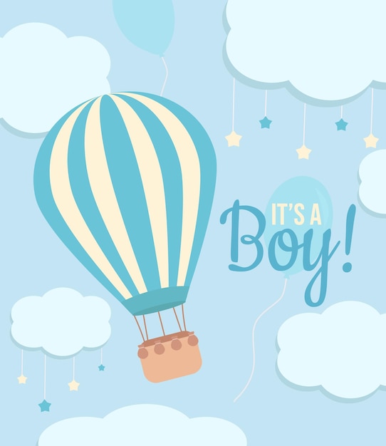 Cute it's a boy baby shower card with a hot air balloon and clouds with a stars on the pastel blue b