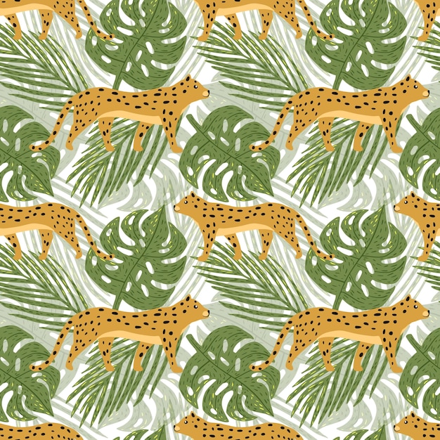 Cute jaguar and tropical leaves seamless pattern Leopards in rainforest wallpaper Cheetah and palm leaves endless background Botanical backdrop