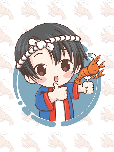 cute Japanese chef presenting grill shrimp food, Ebi-Shioyaki - cartoon character.