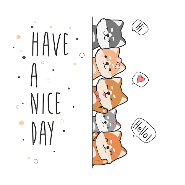 Cute japanese dog shiba inu friends greeting cartoon doodle