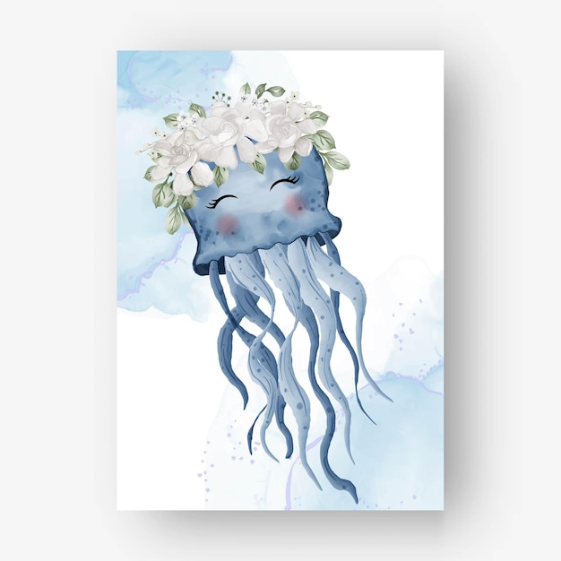 Cute jelly fish with flower white watercolor illustration