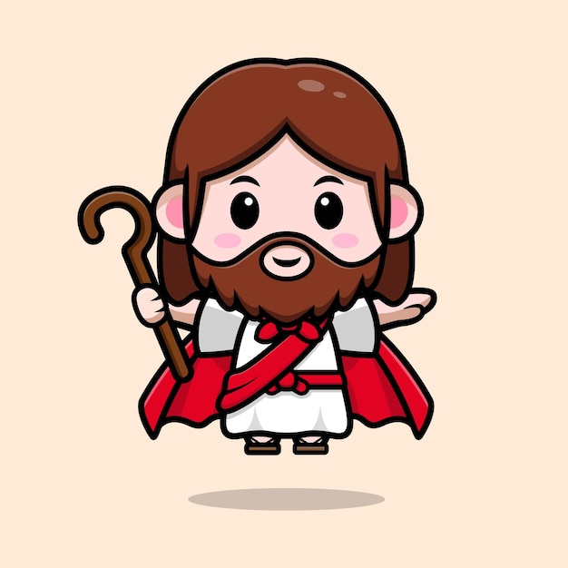 Cute Jesus Christ flying with robe and holding stick vector cartoon christian illustration